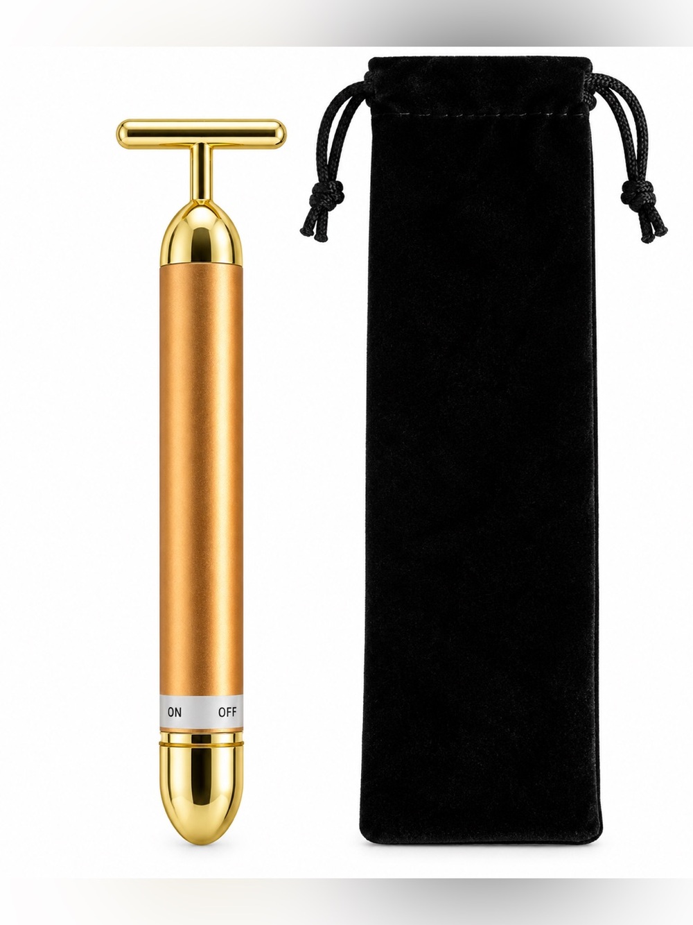Luxury Gold Tone Vibrating T-Bar Facial Massager Beauty Lifting Tool + Velvet pc